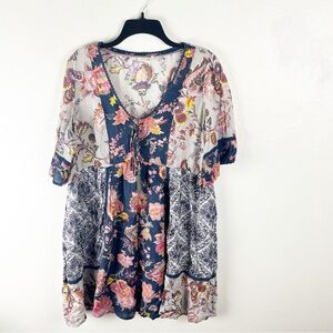ANTHROPOLOGIE Lilka Trapeze Floral Boho Patchwork Peasant Tassel Tie Dress Large